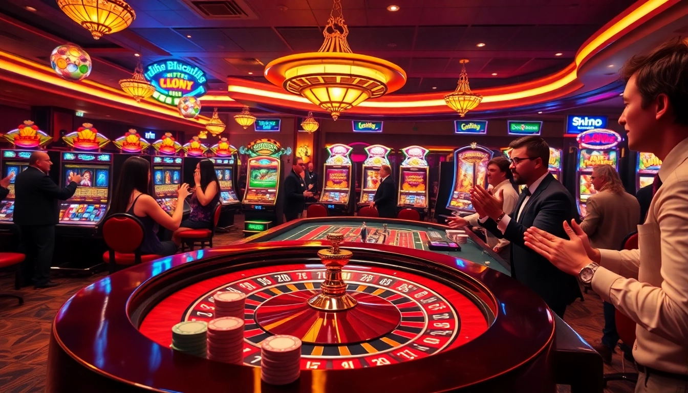 Experience thrilling casino action at Luck8 with dealers, poker chips, and vibrant slot machines.