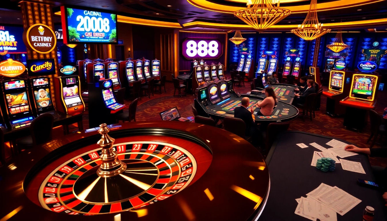Engaging gamblers in an exciting scene at nhà cái 888new with themed casino elements.
