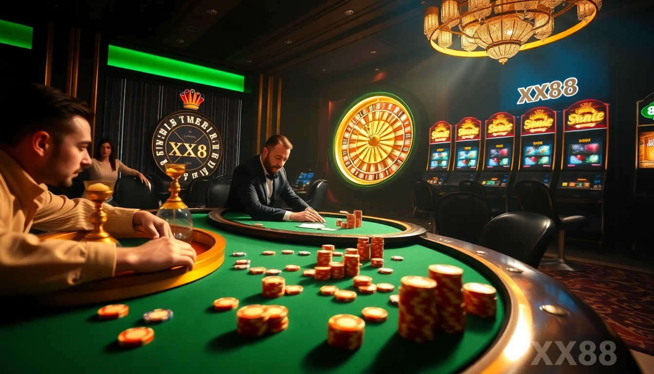 Experience thrilling gaming at XX88 with vibrant poker and roulette tables.