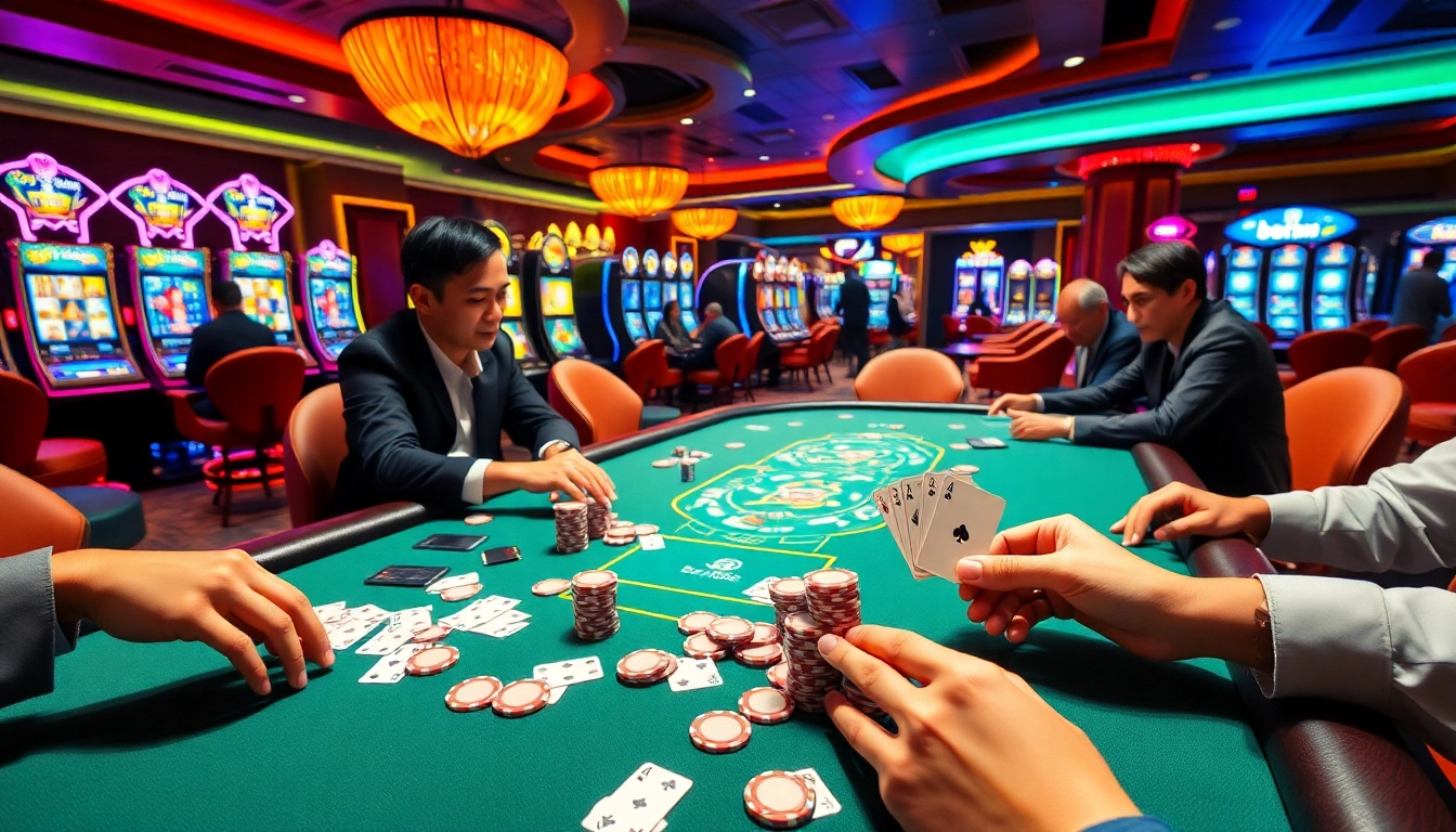 Exciting casino scene featuring bem88 with players at a poker table and vibrant slot machines.