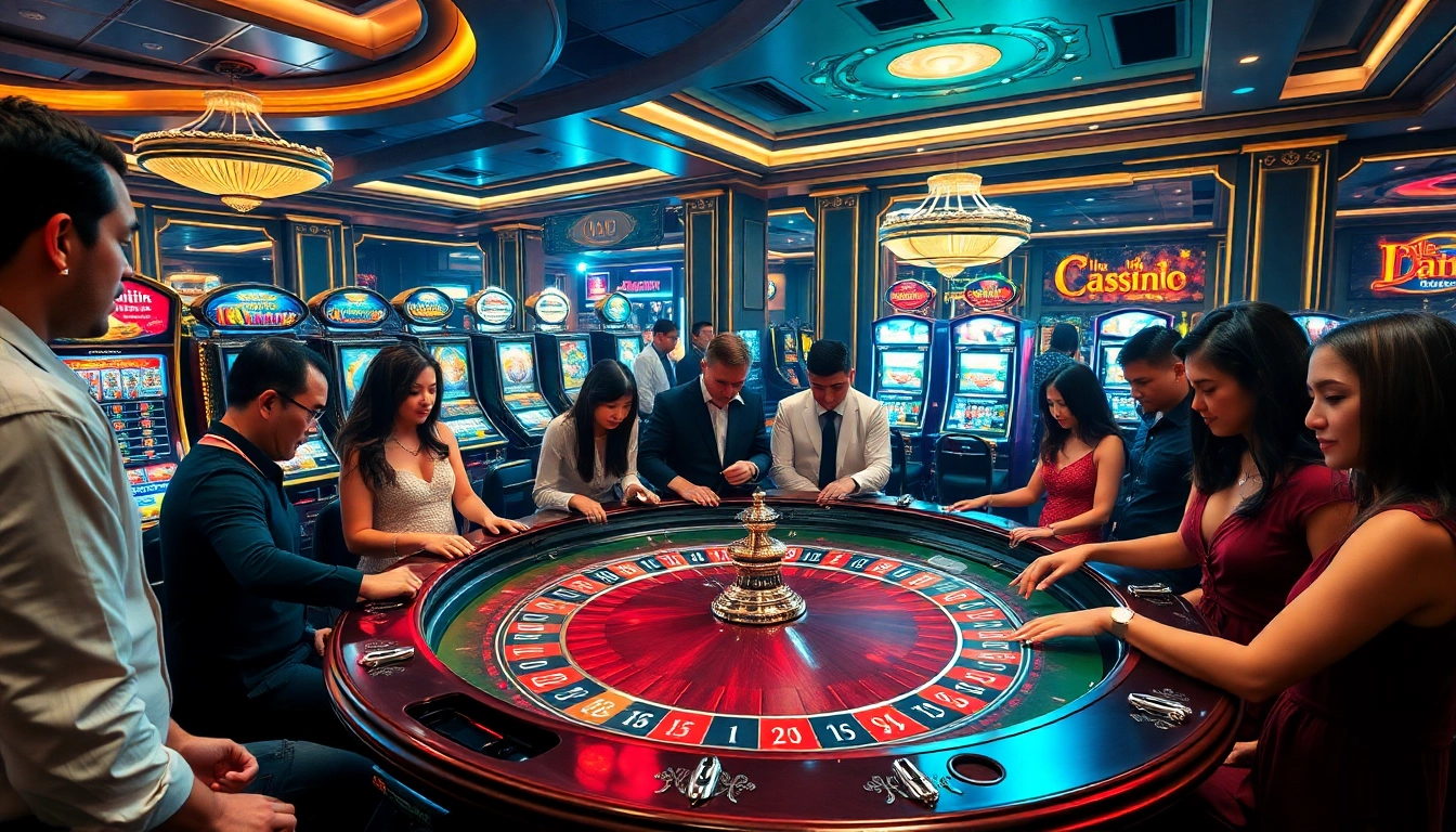 Players engaging in thrilling casino games at https://bet168.me/, featuring roulette tables and slot machines.