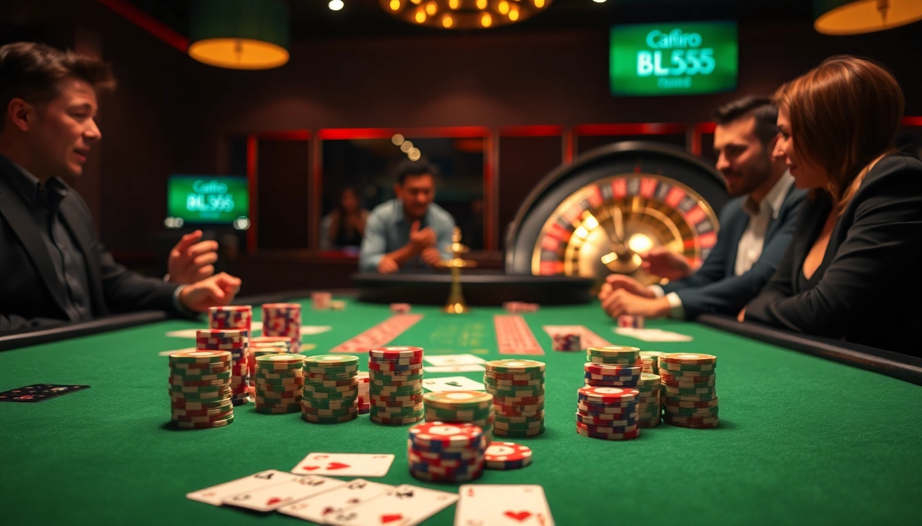 Players bet at a BL555-themed casino table with vibrant poker chips and a spinning roulette wheel.