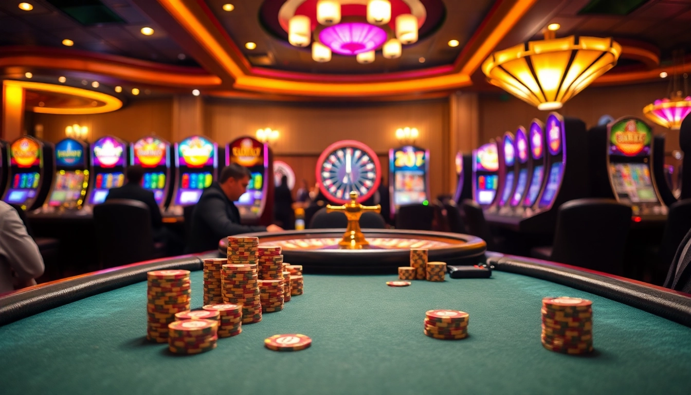 Experience the thrilling gaming atmosphere at 789f.mba with vibrant poker tables and bright slot machines.