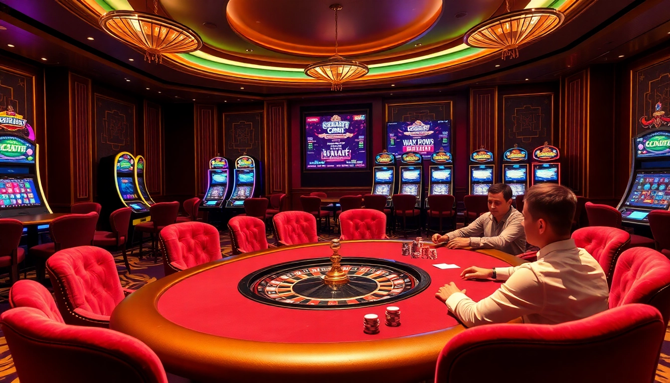 Engage in thrilling casino action at https://lc88m.com/ with players at a vibrant poker table surrounded by slot machines.