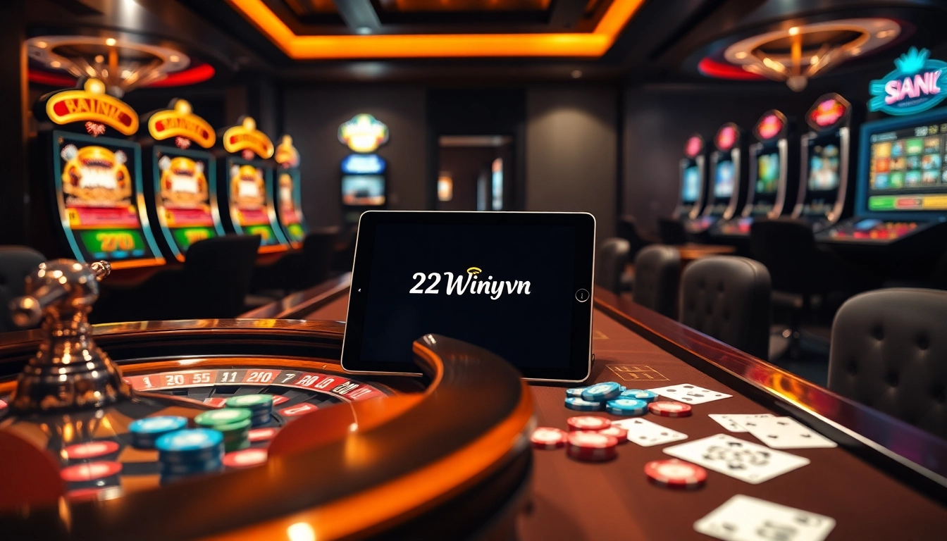 Experience the thrill of 23Winvn with luxury casino elements like roulette wheels and cards.