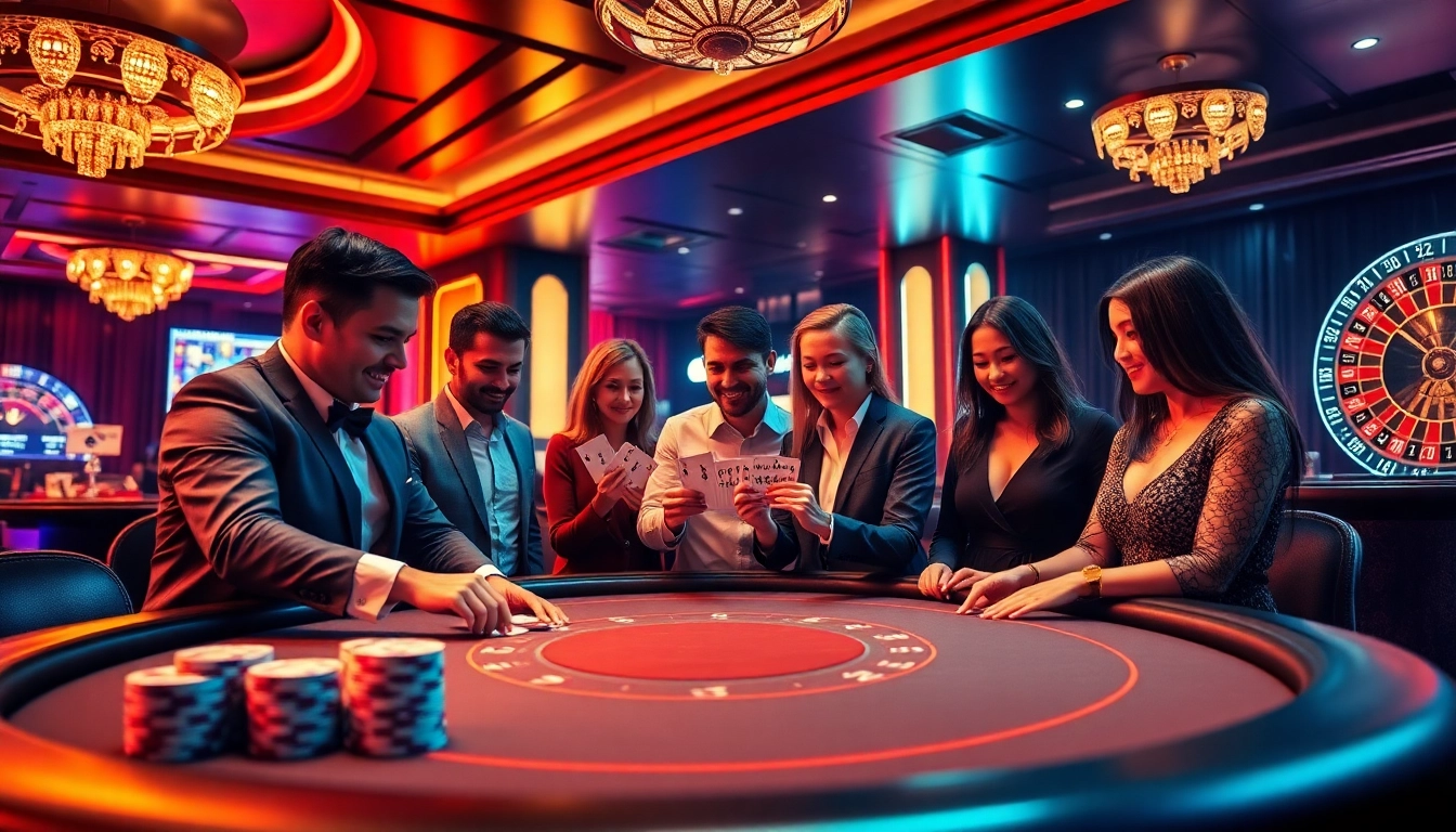 Players engaged at a high-stakes poker table, showcasing rr99 chips amid a vibrant casino backdrop.