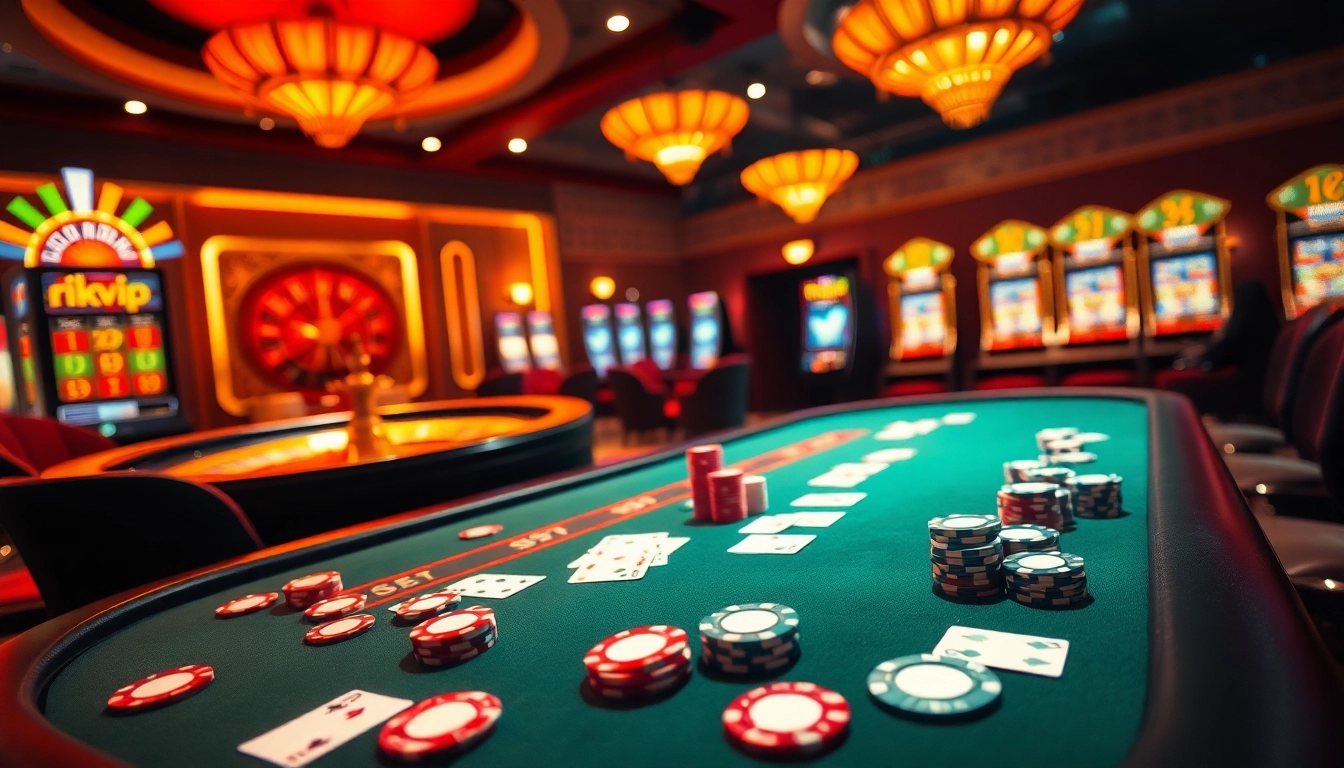 Experience the thrill of gambling with rikvip at a luxurious casino setting featuring poker tables and slot machines.