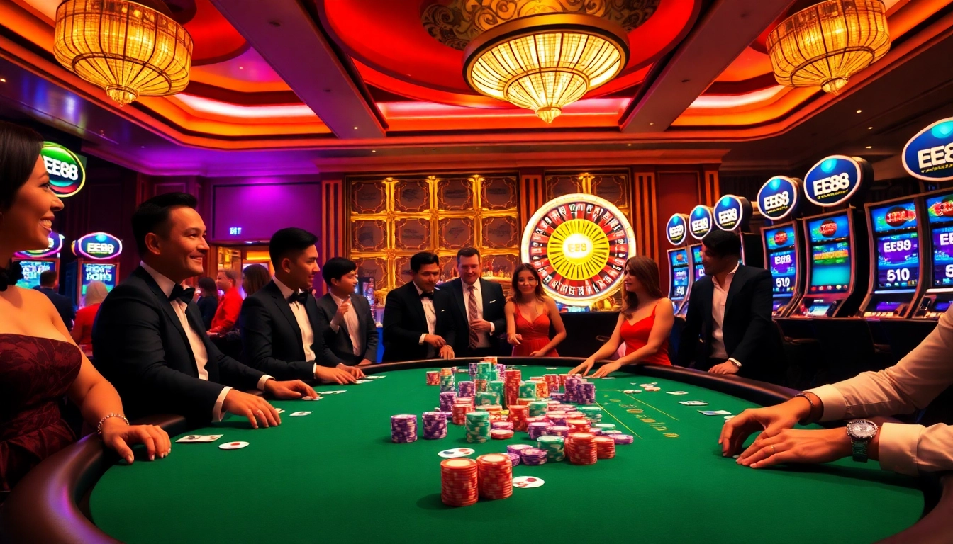 Experience the thrill of EE88 at a luxurious casino with poker tables and vibrant games.