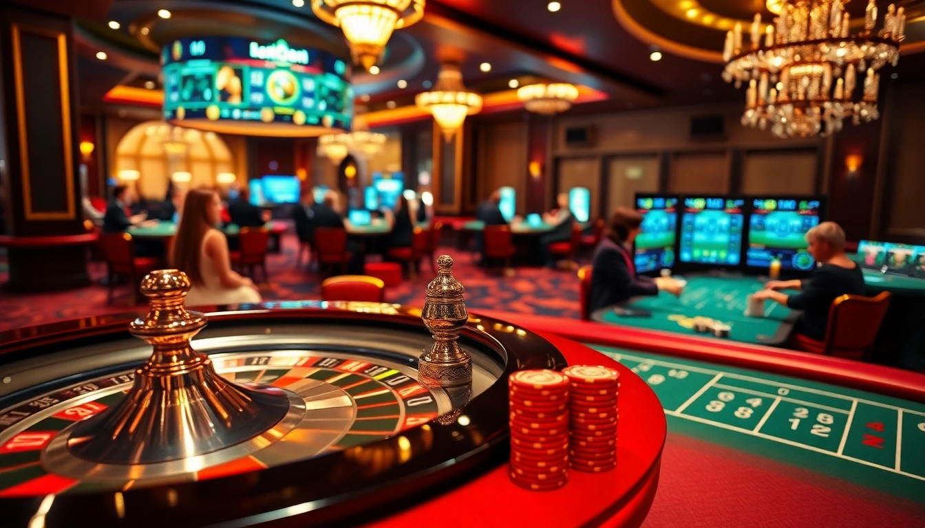 Experience thrilling gaming at 8kbet with vibrant casino elements like roulette and poker tables.