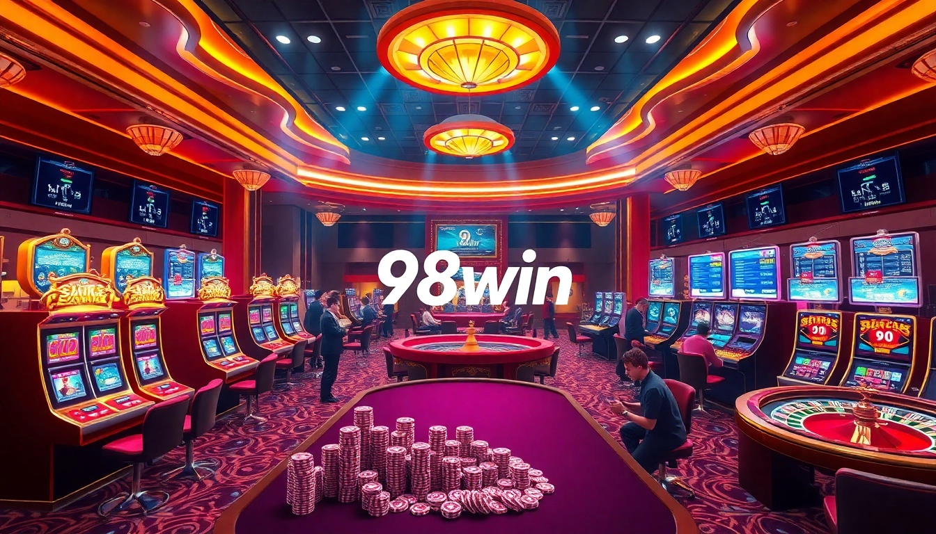 Gamble with excitement at 98win's luxurious online casino experience featuring vibrant slot machines and active players.
