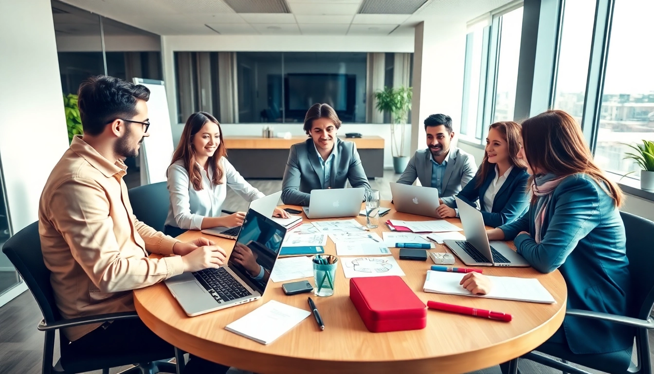 Engaged team in a strategy session at a website development agency, highlighting collaboration and creativity.