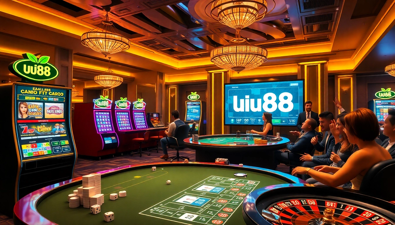 Experience the thrill of gambling at uu88 with vibrant casino tables and slot machines.