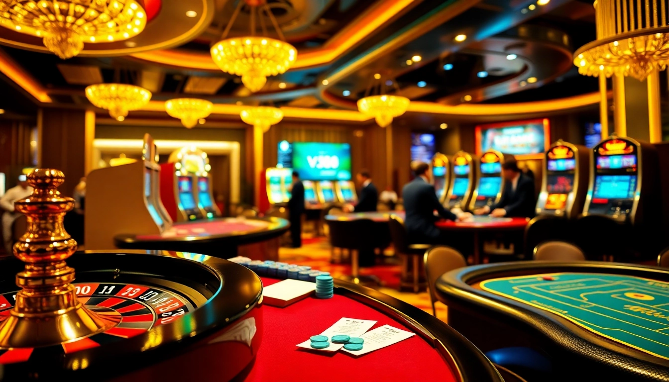 VJ88 casino scene showcasing vibrant roulette, slot machines, and engaged players.