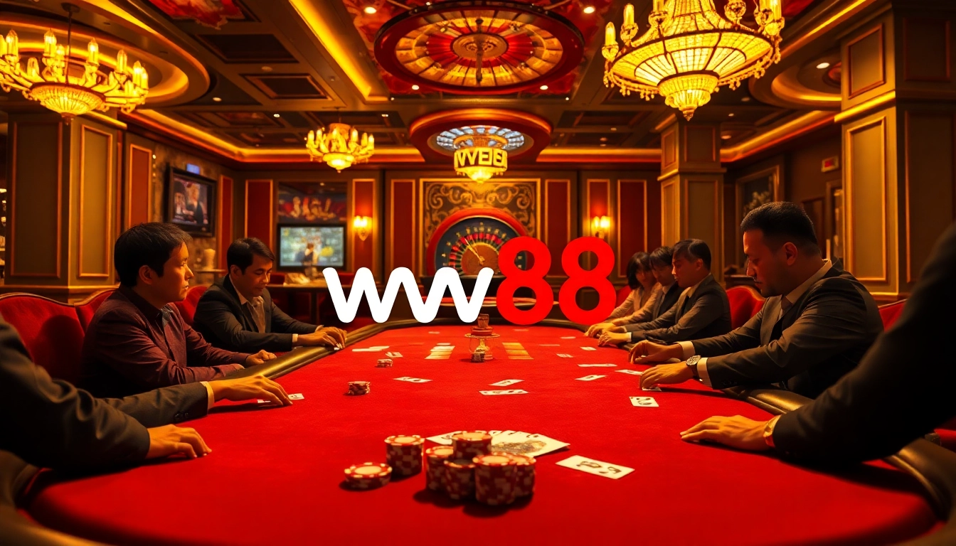 Players enjoying a thrilling poker game at WW88 Casino, surrounded by vibrant chips and cards.