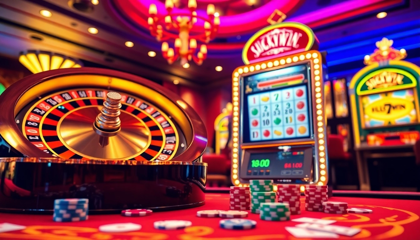 Exciting scene showcasing luckywin lottery result on casino tables with vibrant roulette wheel and slot machine.