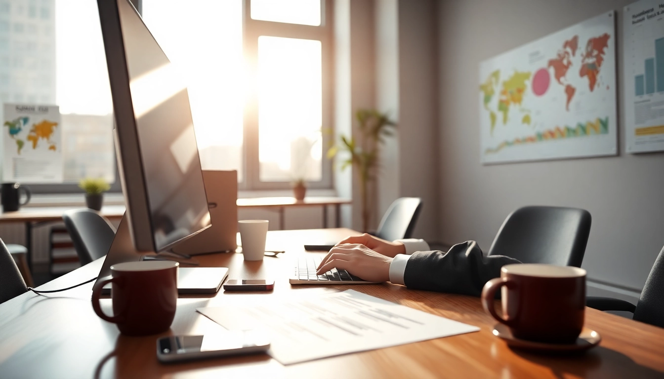 Apply for uk eta online application with a user filling out forms in a modern office.