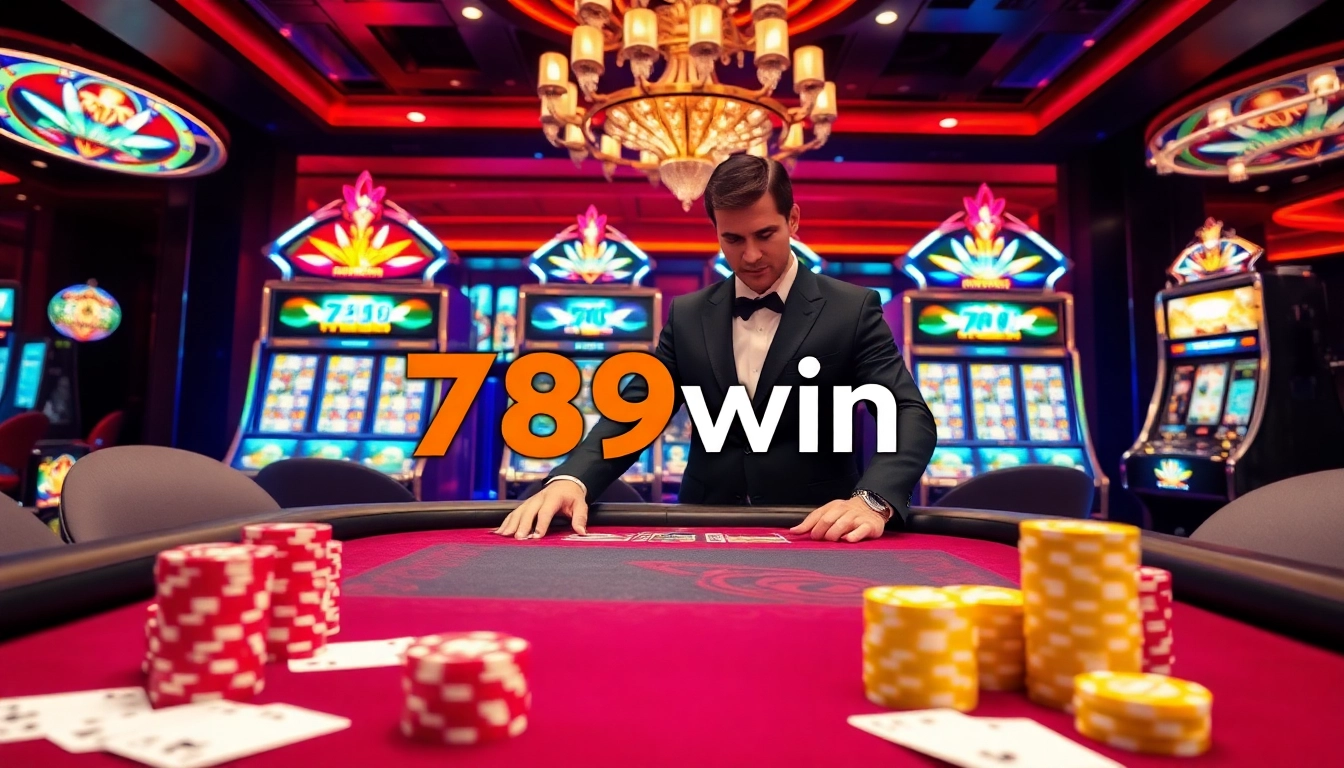 Players engage at a poker table featuring 789win chips and cards, surrounded by vibrant slot machines.