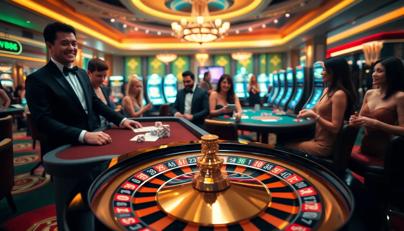Players placing bets at a w88 casino table, celebrating winnings in a vibrant setting.