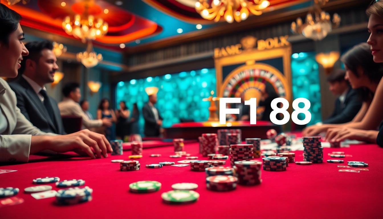 Players enjoying a thrilling moment at the F168 casino gaming table with poker chips and cards.