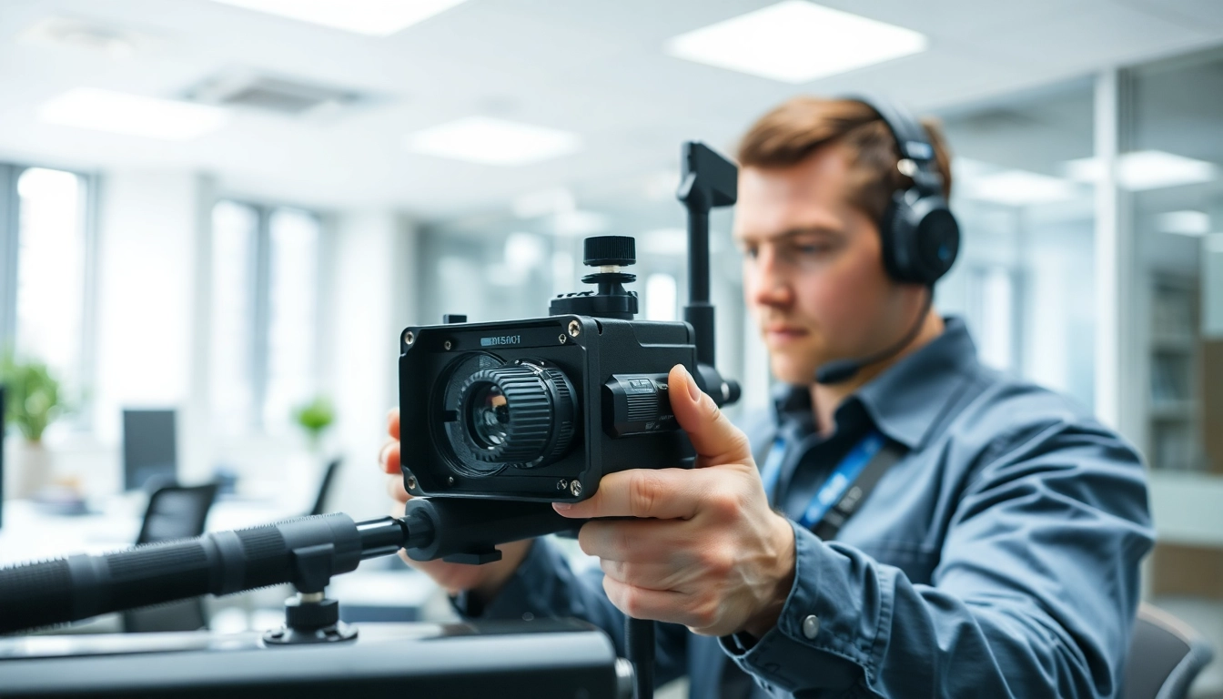 Technician engaged in bug sweeping to detect surveillance devices in an office.