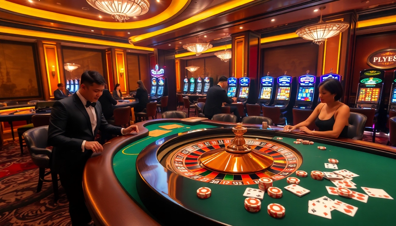 Exciting casino scene showcasing trang chủ fly88 with roulette wheel and poker table.