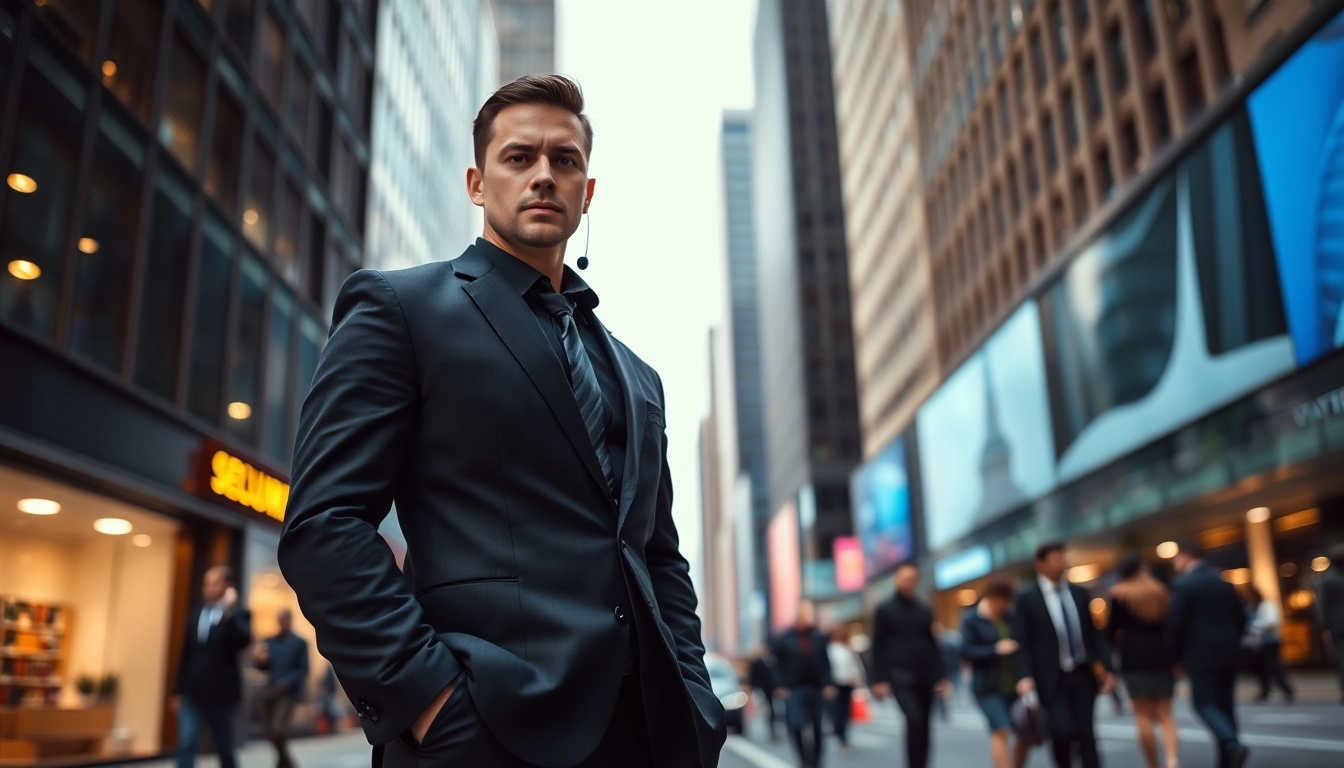 Private security bodyguard showcasing vigilance in an urban setting.