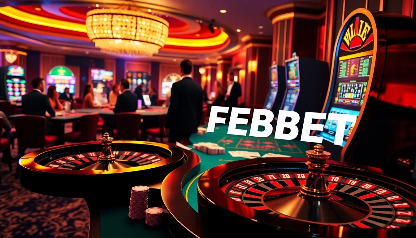 FEBET logo displayed prominently above a lively casino scene with poker and roulette.