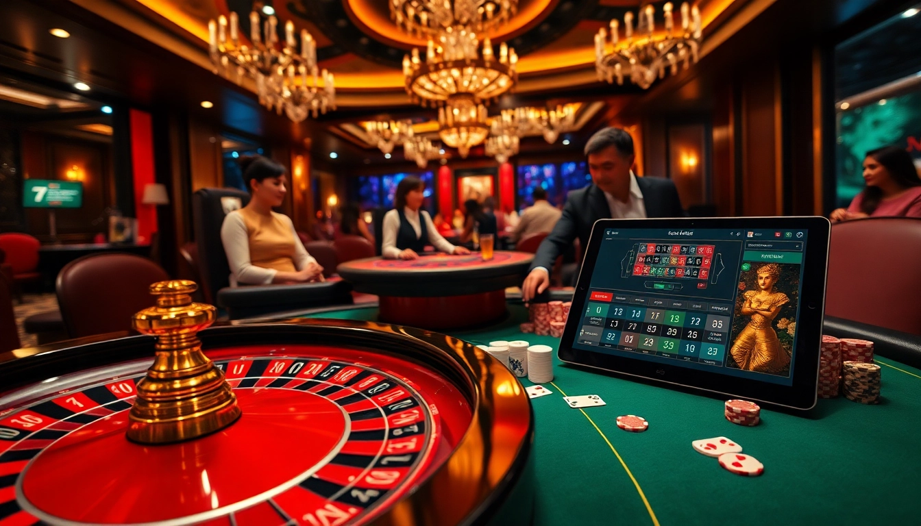 Players enjoying high-stakes games at nhà cái 789club with vibrant poker chips and interactive tablets.