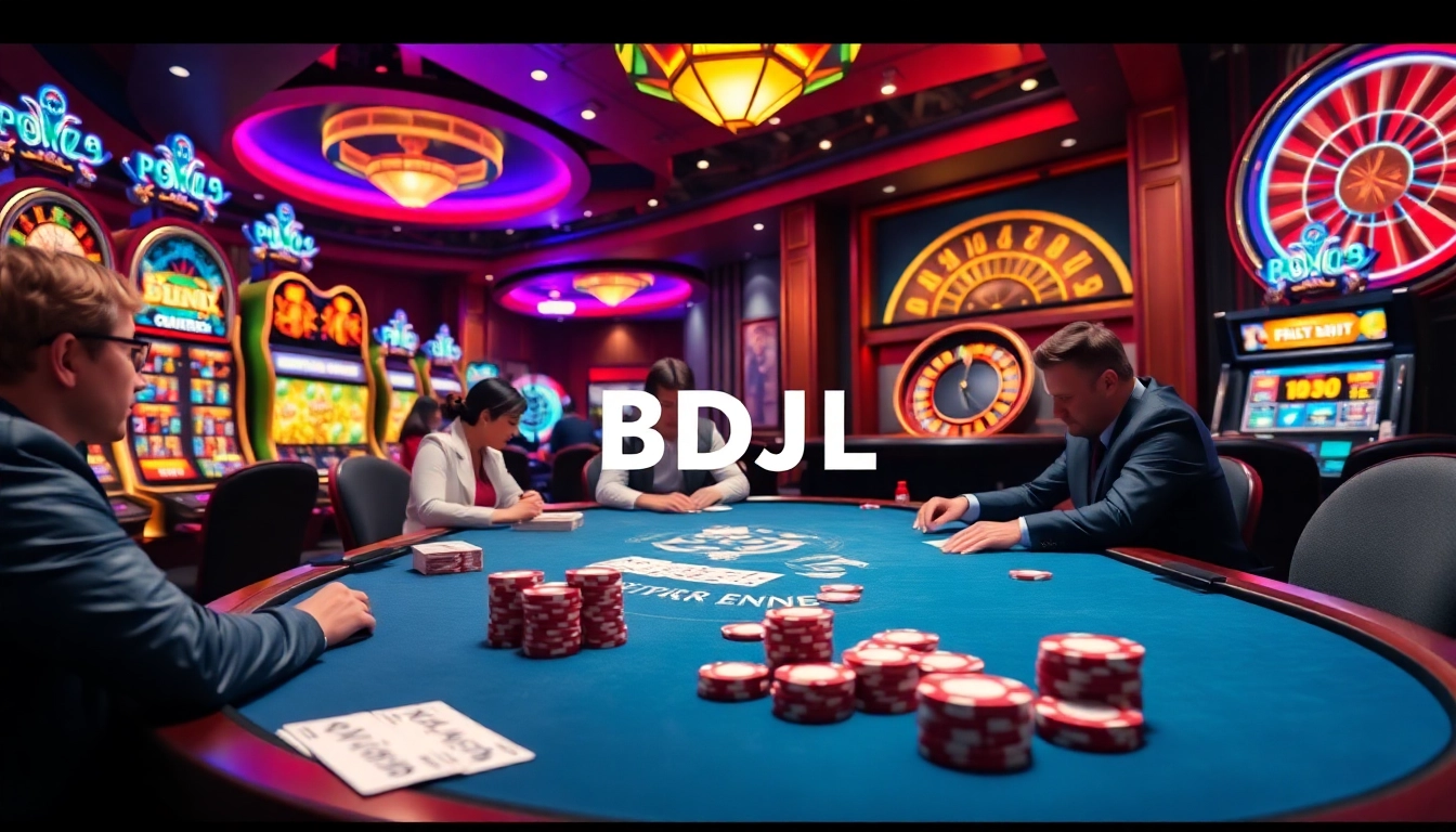 Engage with thrilling poker action at BDJL's upscale casino table with vibrant decor and lively atmosphere.