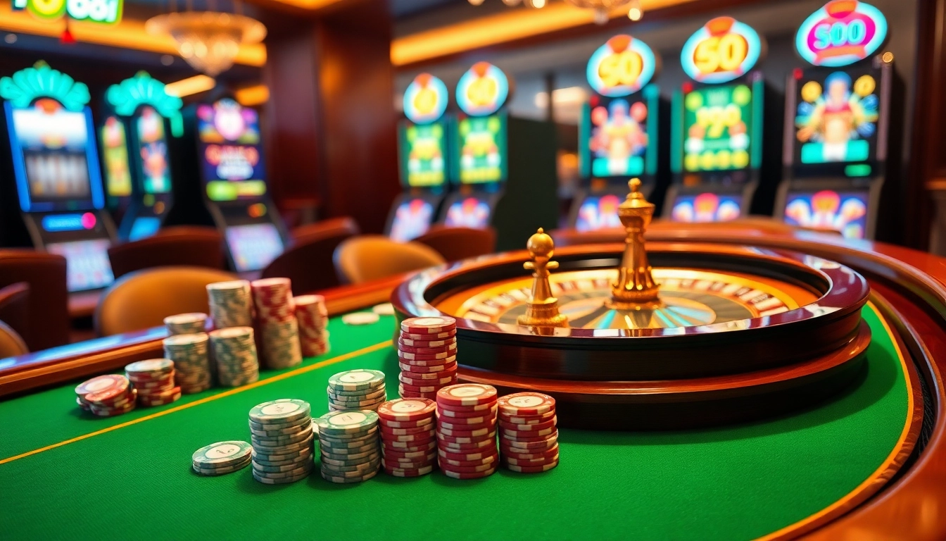 Experience thrilling action at 88i's vibrant casino tables with glittering chips and roulette wheels.