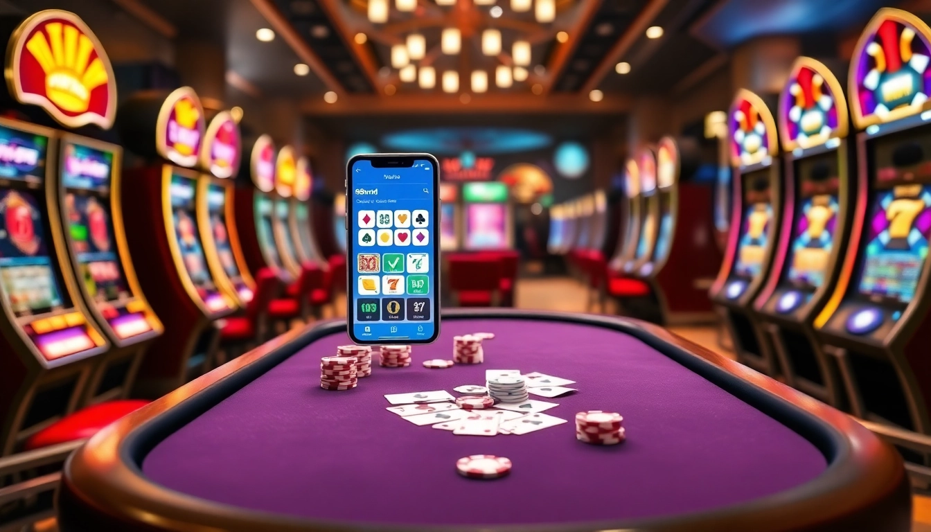 Experience the excitement of the 888vnd app in a luxurious online casino setting with poker tables and vibrant slot machines.