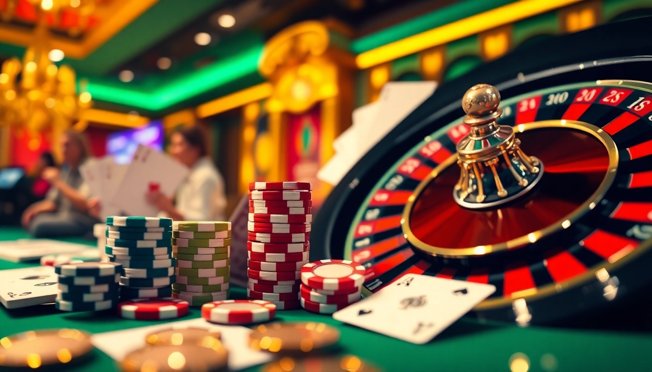 Excited players playing at a luxurious online casino at 13win, showcasing poker chips and roulette.