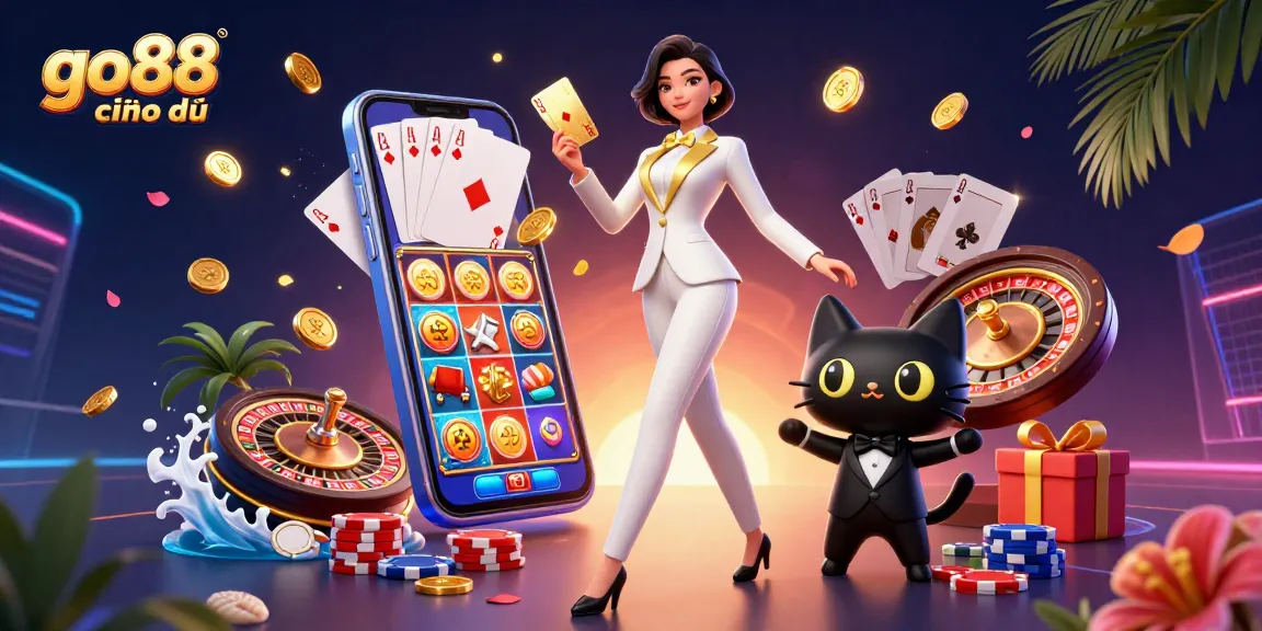 Experience the thrill at go88 chính thức with a glamorous woman, a tuxedoed cat, and exciting casino games.