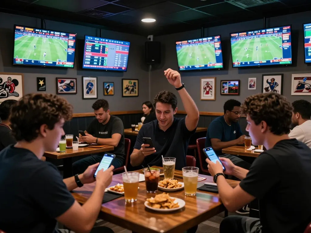 Experience cakhiatv capital sports betting as patrons cheer while placing bets at a modern sports bar.