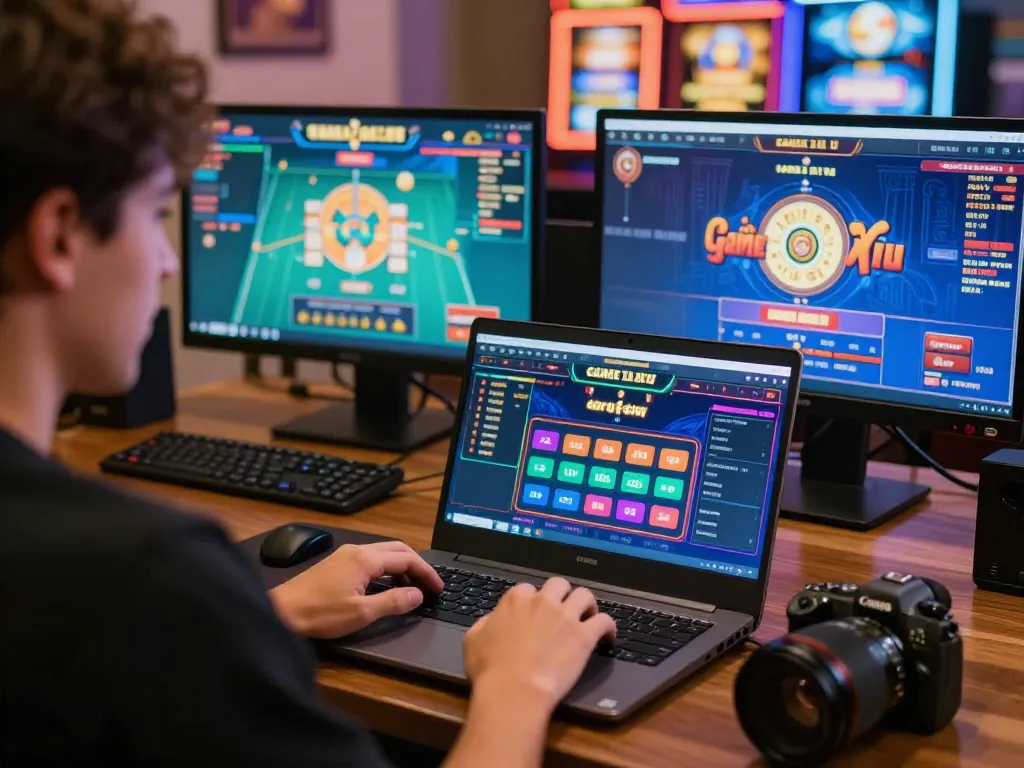 Engaging in Game tài xỉu online with vibrant interface on laptop, showcasing exciting gameplay.