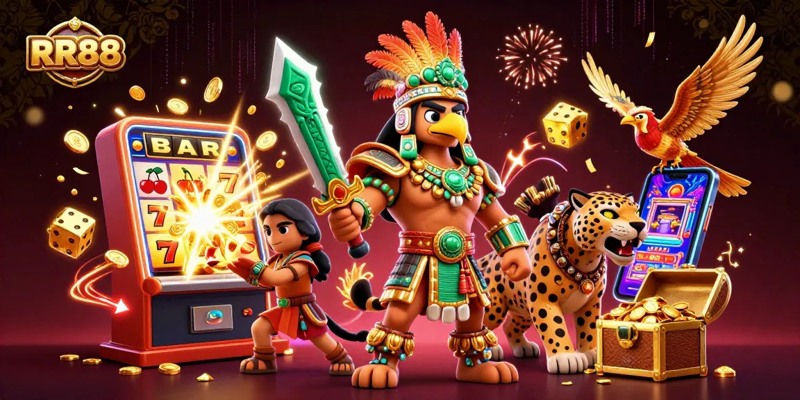 RR88 showcases a thrilling 3D scene with skilled warriors amid a jackpot explosion in a vibrant online casino