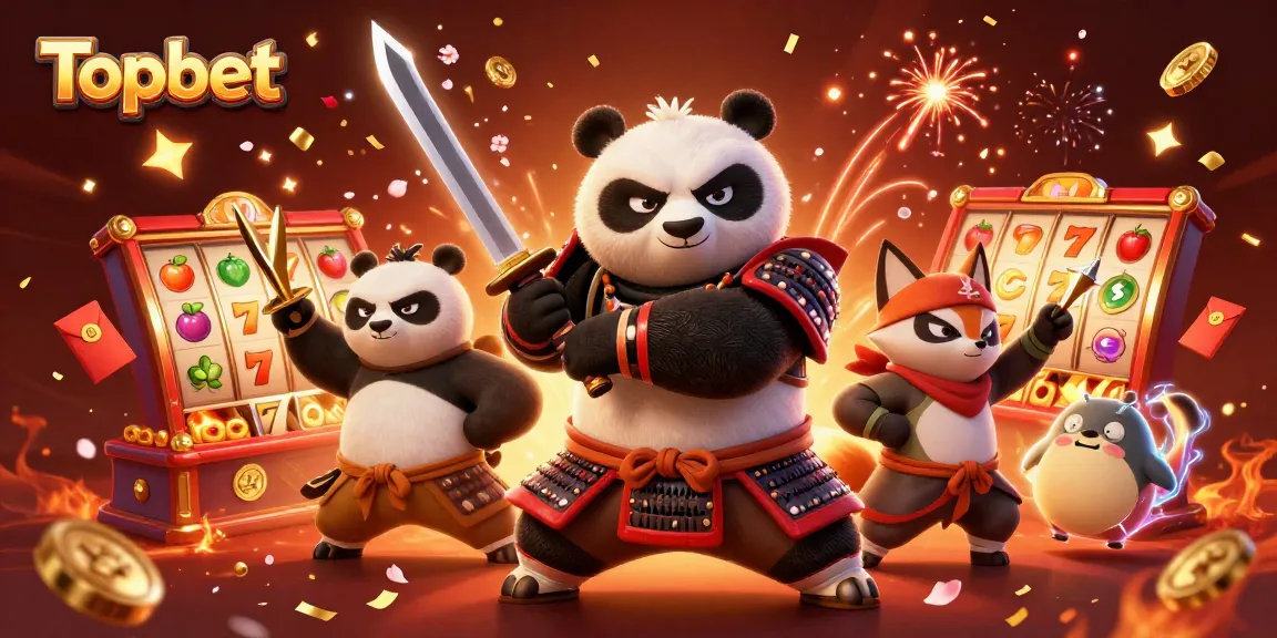 Topbet features a dynamic 3D scene with a samurai panda and ninja fox amid festive slot game elements.