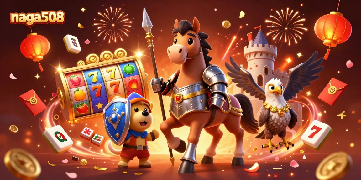 Experience the excitement of naga508 with vibrant slot reels and festive elements in an engaging casino scene.