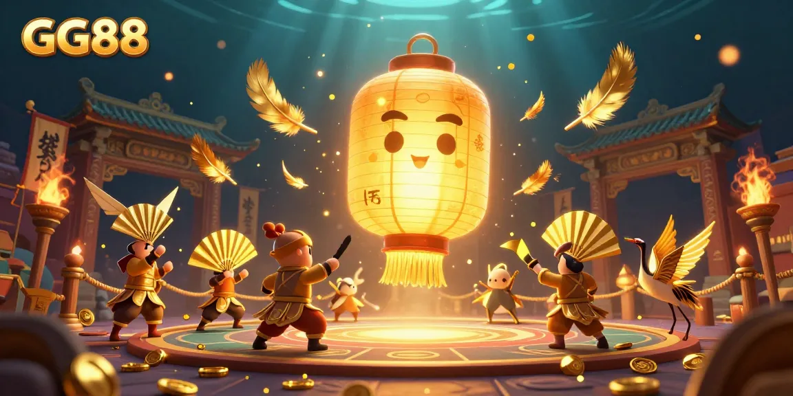 Experience the excitement of GG88 with a vibrant 3D illustration showcasing the golden lantern spirit, lucky symbols, and a lively casino atmosphere.