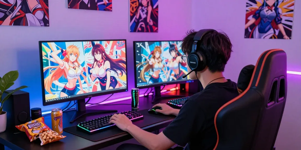 Exciting gaming lounge setup featuring a player enjoying a hentai game, with vibrant animations and gaming gear.