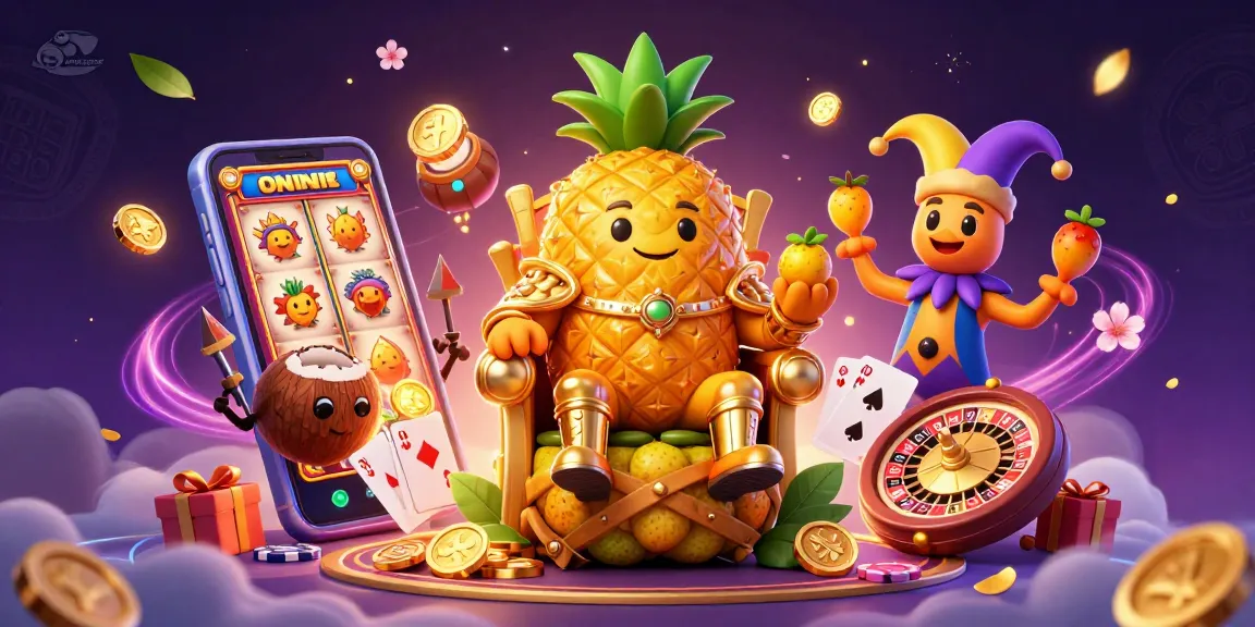 Situs gacor showcases an exciting 3D illustration of a pineapple king and casino elements, enhancing the gaming experience.