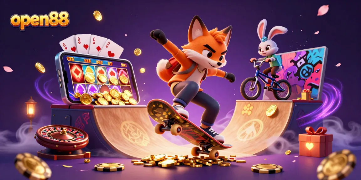Watch the open88 fox character performing tricks in a vibrant casino-themed illustration.
