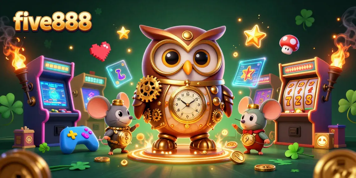 Engage with five888’s vibrant arcade and casino theme featuring steampunk elements and playful characters.