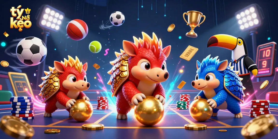 Engage with tỷ lệ kèo as cartoon pangolins roll golden balls through poker chips in a dynamic sports betting scene.