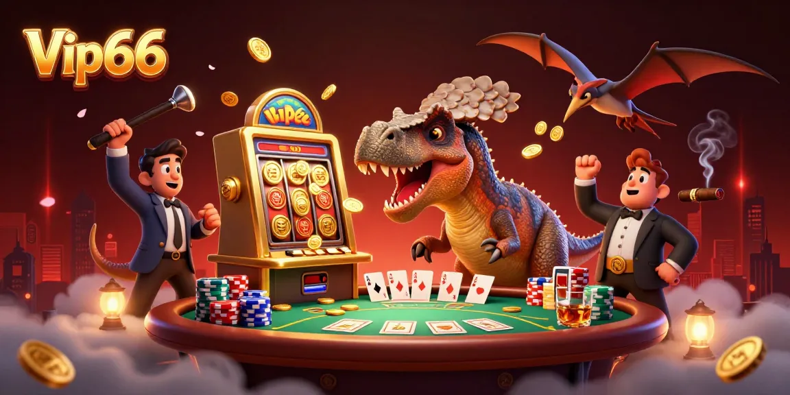Vip66 showcases a vibrant illustration with a dinosaur slot machine and flying coins, engaging in dynamic casino action.