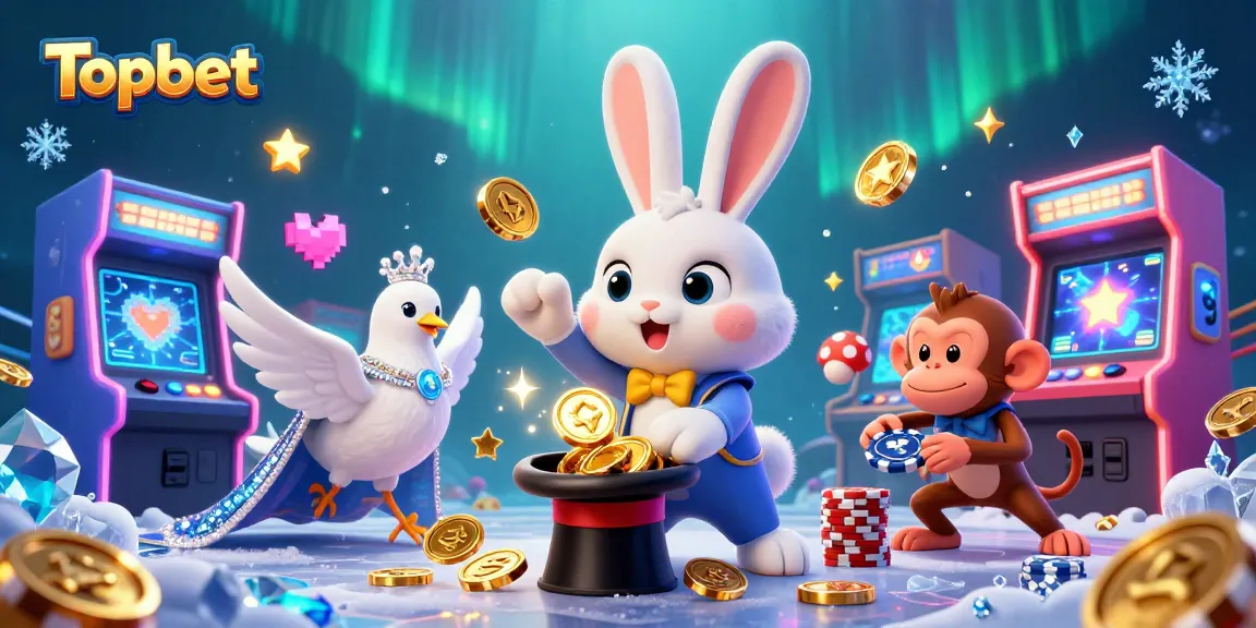 Experience the excitement of Topbet with a playful scene of a magician rabbit, shimmering golden coins, and captivating 3D elements.