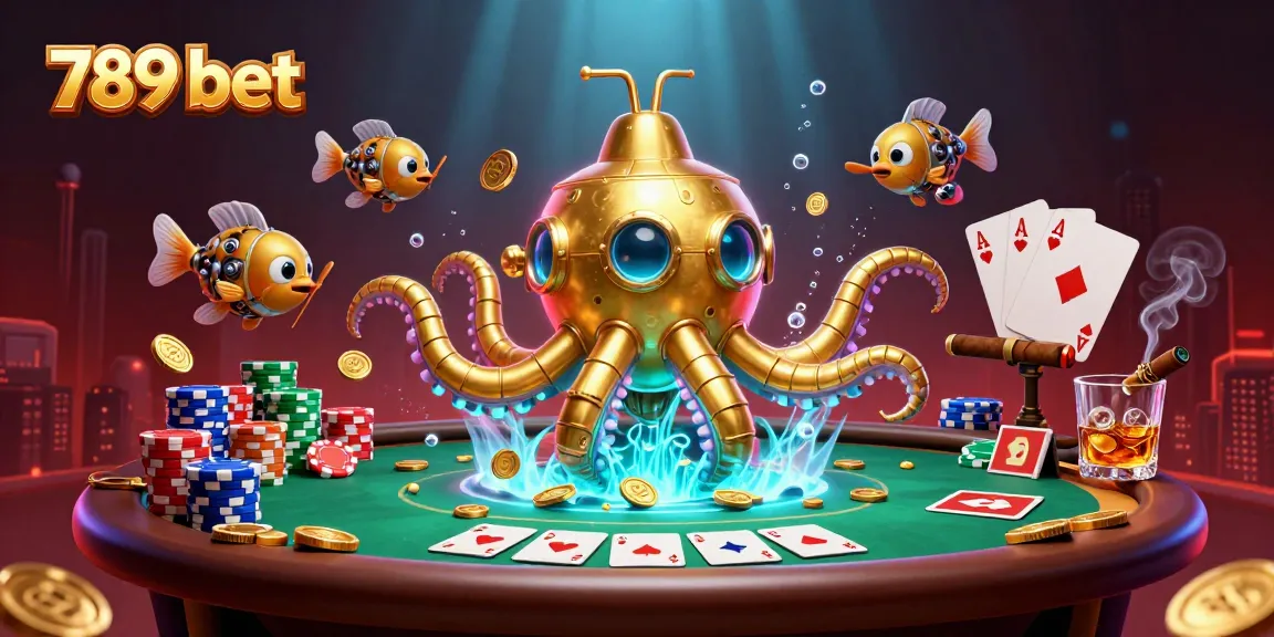 Experience the excitement of 789 bet with a vibrant casino scene featuring a golden kraken and poker elements.