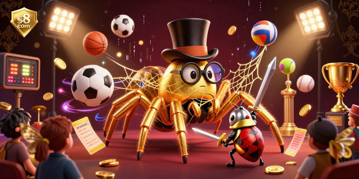 Engage in thrilling gaming at s8 com with a vibrant scene of a golden tarantula weaving webs in a casino setting.