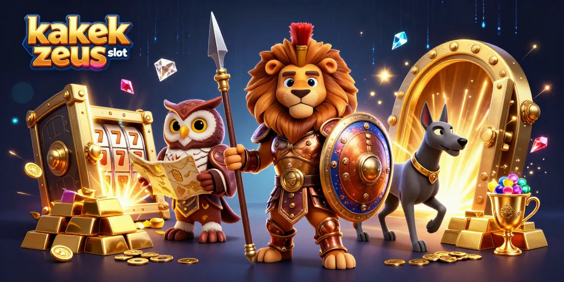 Win big with kakek zeus slot as Spartan lion, owl, and greyhound explore a treasure-filled scene.