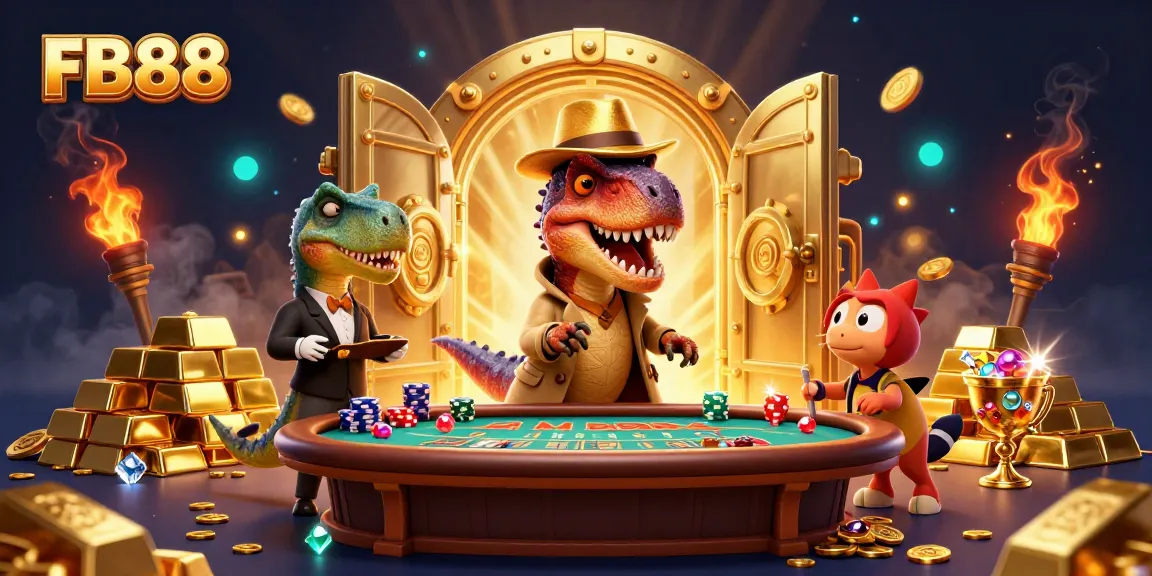 FB88 captivates players with a vibrant scene of a velociraptor at a blackjack table, surrounded by lavish treasures.